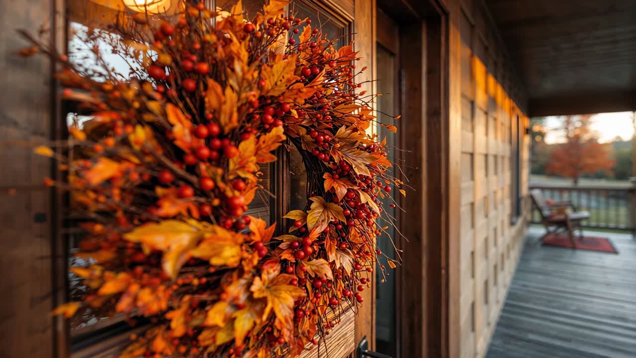 Moving camera drawing autumn wreath into focus on front porch, showing light reflection, copy space