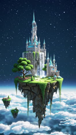 a majestic floating castle island in a starry sky