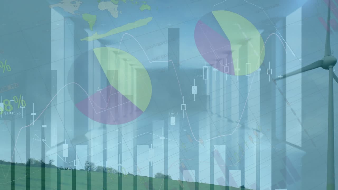 animación de gráficos y datos financieros sobre la turbina eólica