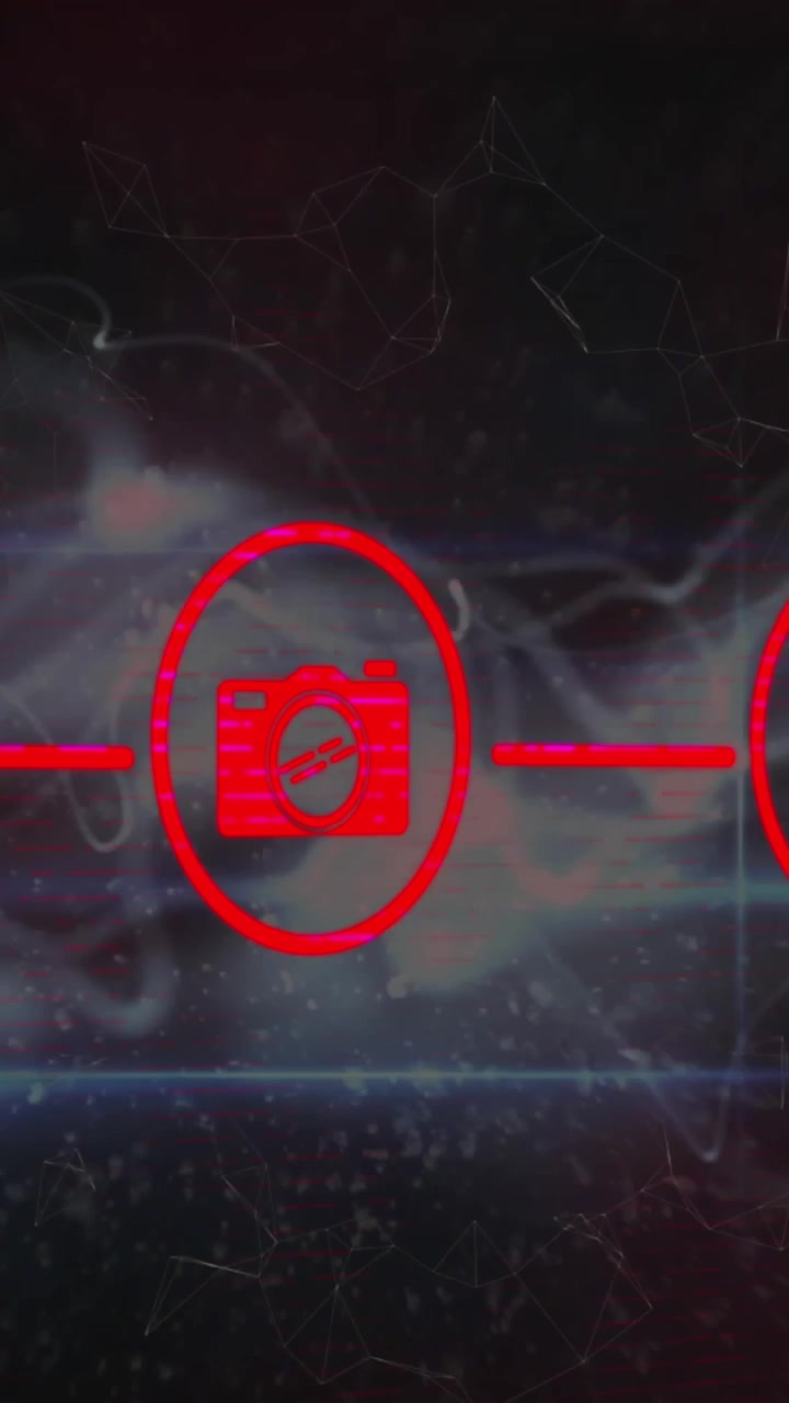 Animation of network of digital icons and blue glowing digital waves against grey background