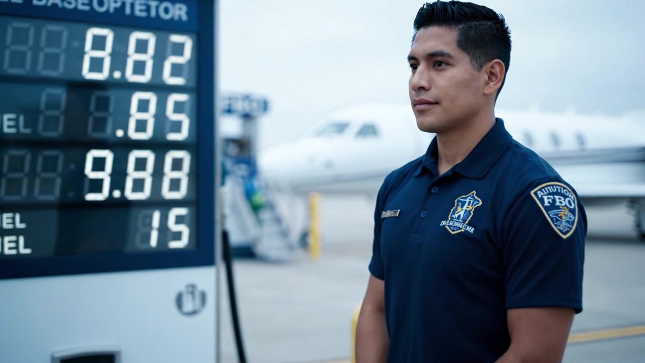 Un agente di sicurezza monitora i livelli di carburante presso una struttura per jet privati con misurazioni precise visualizzate su un sistema automatizzato di monitoraggio del carburante.