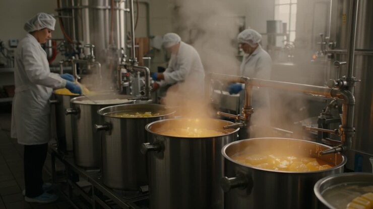 Workers in a Food Processing Plant Carefully Stirring Large Pots of Cooking Ingredients in a Clean and Steamy Environment