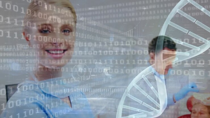 Animation of medical data processing over female dentist