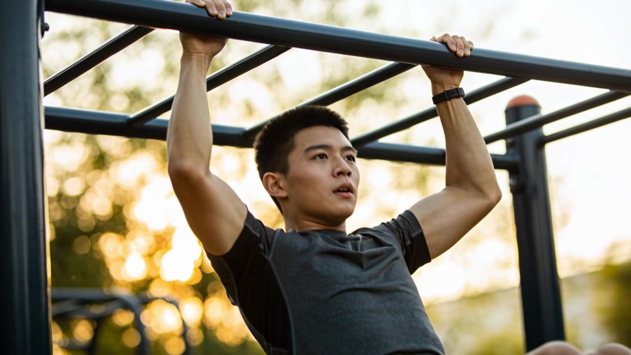 Pulling fit man doing pull-up from bent-knee hang at outdoor park bar, training in dark shirt