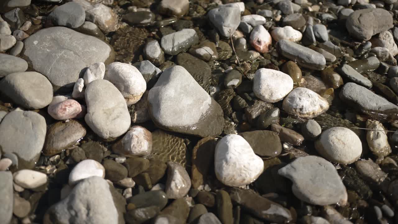 Close-up static shot of rounded river stones submerged in crystal-clear shallow water. Gentle sunlight reflects off the wet surfaces, creating natural highlights.