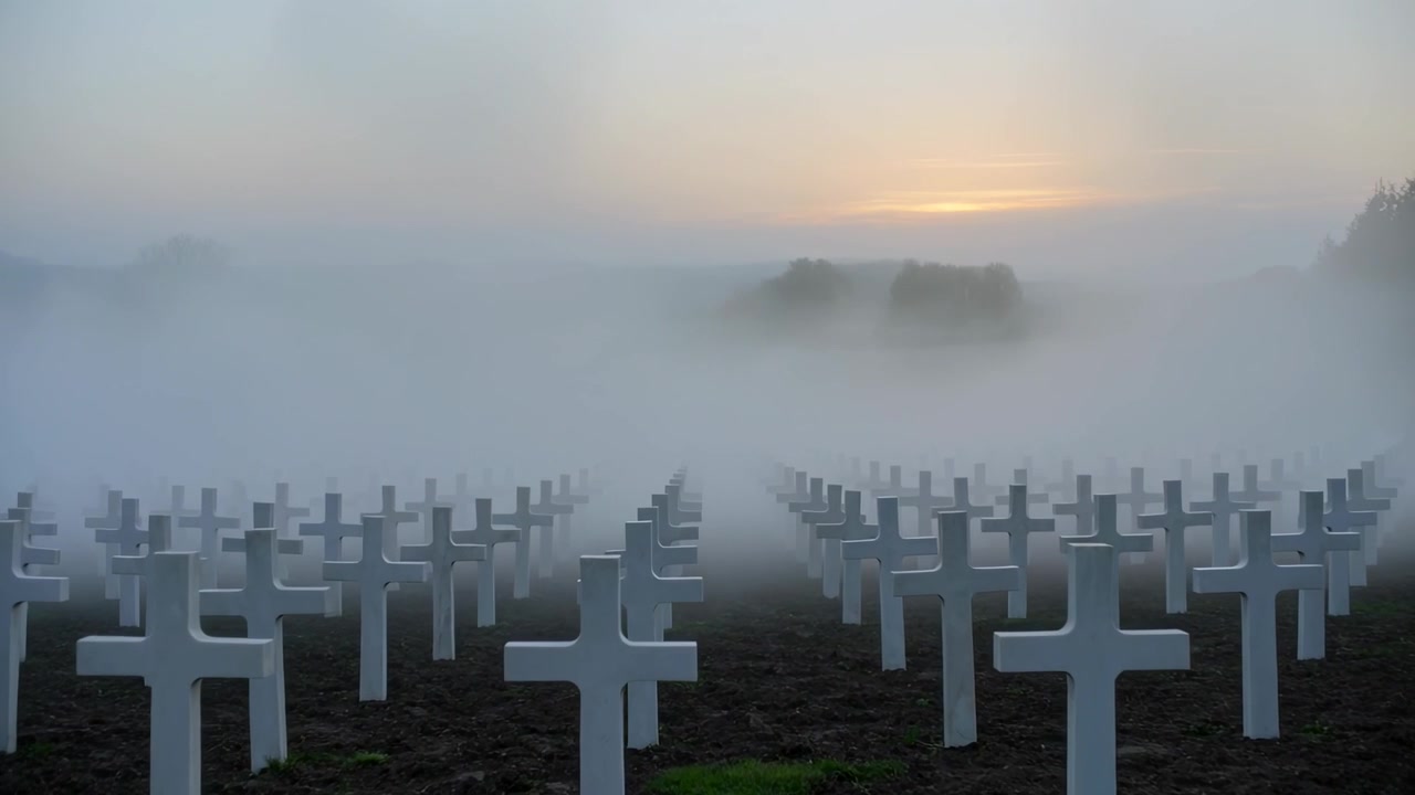 Nebbia mattutina che si infittisce oscurando file di croci tombali bianche al cimitero, ammorbidendo gli alberi distanti.
