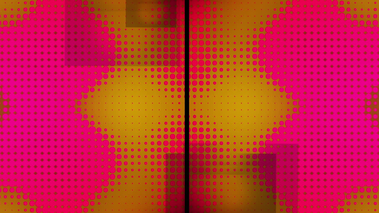 Animation of split screen with grey squares and pink pixels changing size on yellow background