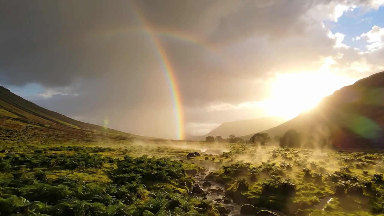 A Spectacular Natural Scene Featuring a Stunning Rainbow Arcing Over Lush Greenery and Misty Valleys Under a Dramatic Sky at Sunset
