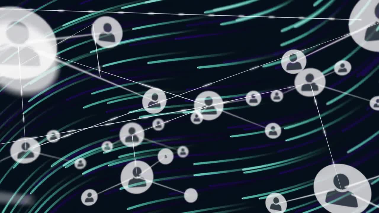 animación de iconos de perfiles conectados con líneas sobre líneas que se mueven en patrones de onda.