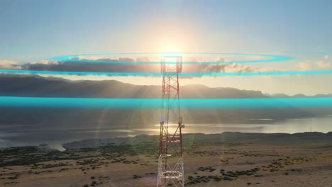 Antena-De-La-Estación-De-Telecomunicaciones-De-La-Torre-5g-En-La-Naturaleza-Con-Paisaje-Marino-Al-Atardecer,-Movimiento-Gráfico-De-Animación-Del-Concepto-De-Contaminación-Electromagnética-Del-Aire-Por-Microondas