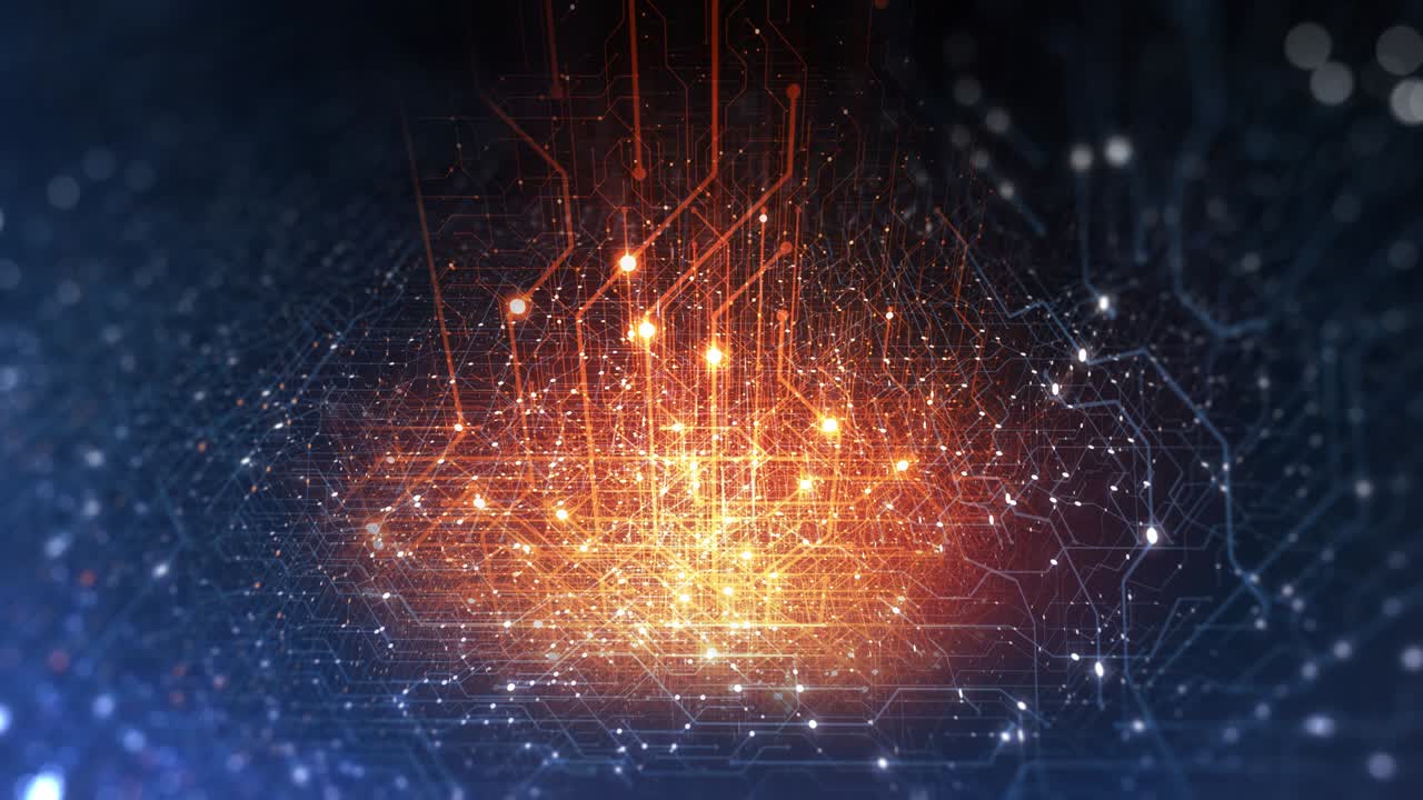 Abstract tech background made of printed circuit board. Depth of field effect and bokeh. internet connections, cloud computing and neural network, big data. 3D render, 4K seamless loop