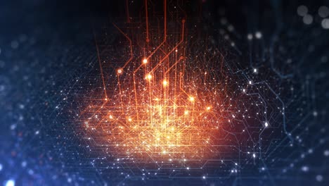 abstract tech background made of printed circuit board. depth of field effect and bokeh. internet connections, cloud computing and neural network, big data. 3d render, 4k seamless loop