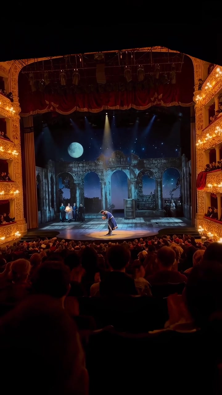 Artista en el escenario con un decorado de luna y estrellas en un gran teatro