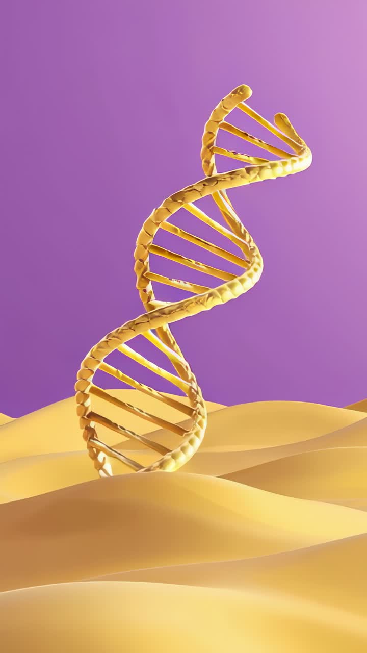 Vertical video: Rising from wavy golden dune, double-helix rotating over purple field, showing form
