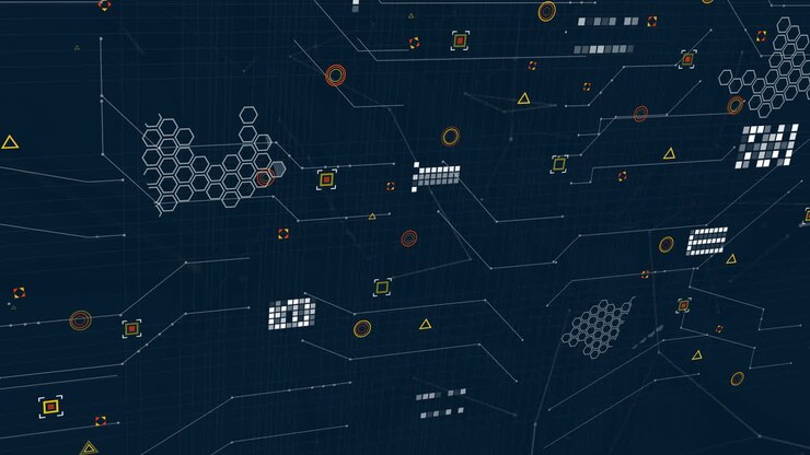 Анимация сети соединений с обработкой данных на черном фоне