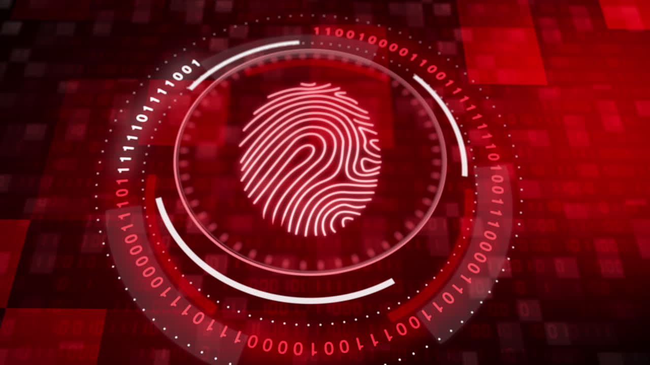 Fingerprint scanner on red background with binary code and blinking pixels. HUD rotating elements. Looped motion graphics. Concept of biometric data protection