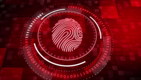 fingerprint scanner on red background with binary code and blinking pixels. hud rotating elements. looped motion graphics. concept of biometric data protection