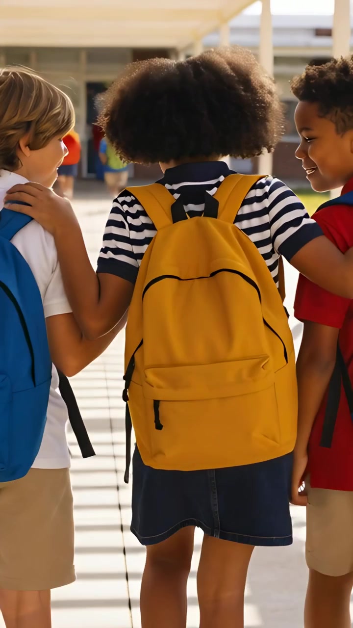 Vertical video: Peer joining striped-top girl with yellow backpack hugging peers heading to school