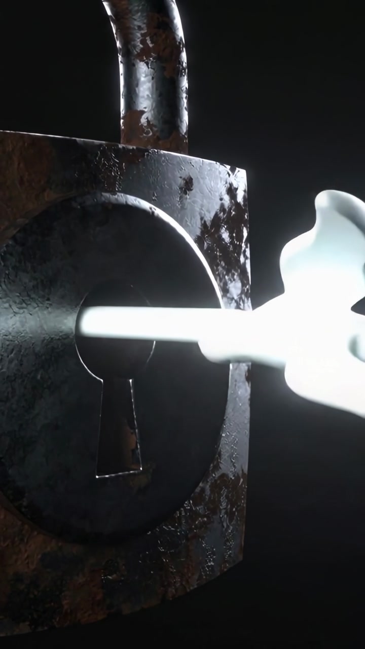 Vertical video: Approaching rod inserting glowing key tip into rusty padlock, causing white vapor