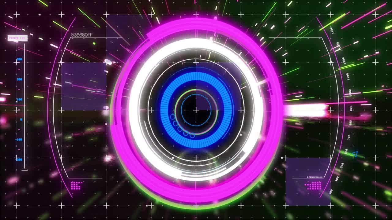 animación de formas de neón que se mueven sobre el escaneo del alcance.