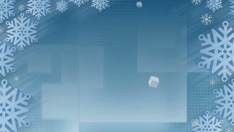 snowflakes pattern against multiple abstract square shapes on blue background