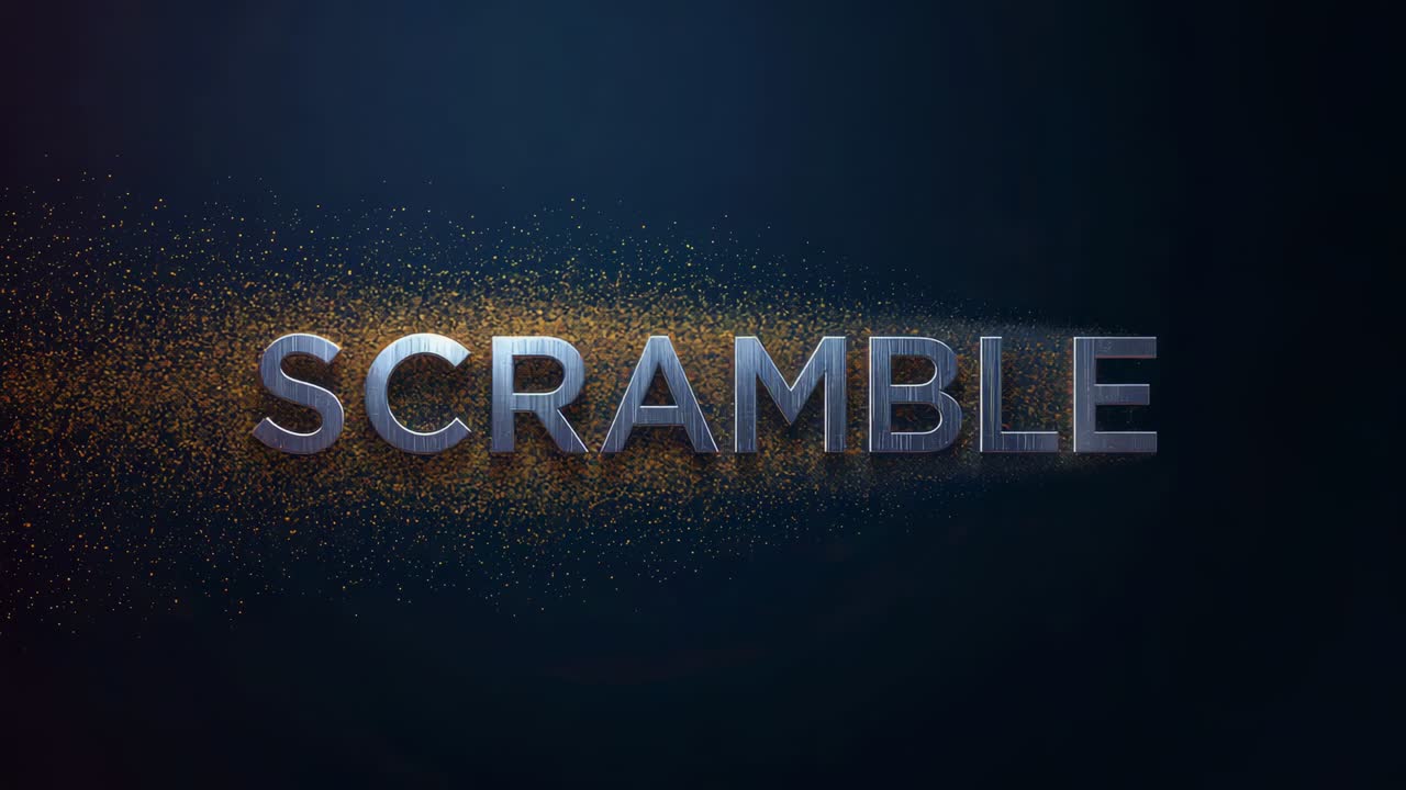 Sweeping gold dust from left transforming 3D word SCRAMBLE into gold on navy stage, revealing title