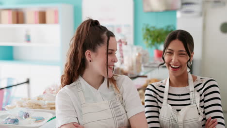 women, face and smile in bakery with employees