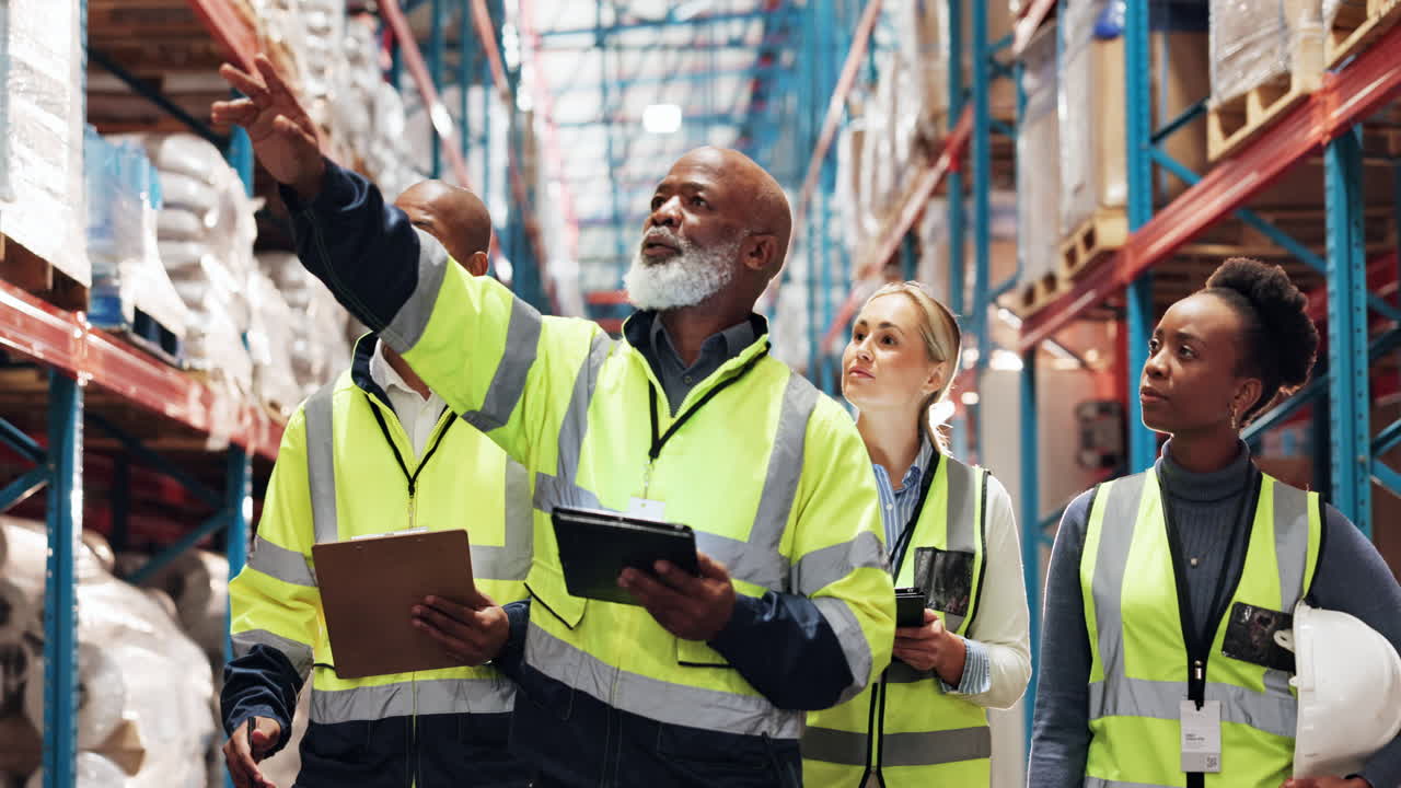 trabajadores del almacén inspeccionando el inventario