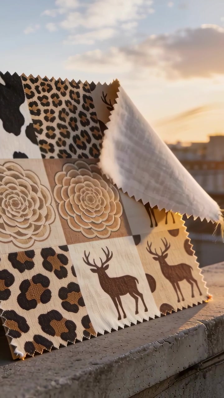 Vertical video: Lifting printed fabric swatch by breeze on roof ledge, flipping corner catching sun
