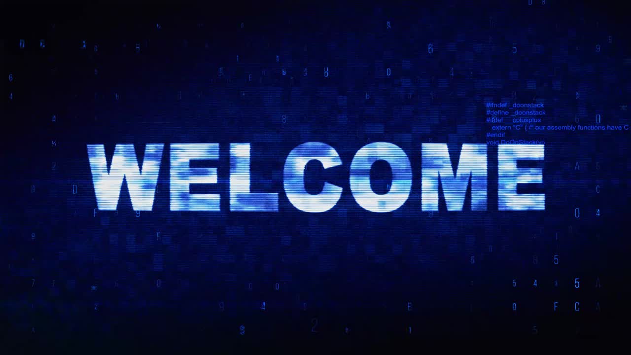 Welcome text digital noise twitch and glitch effect tv screen loop animation background login and