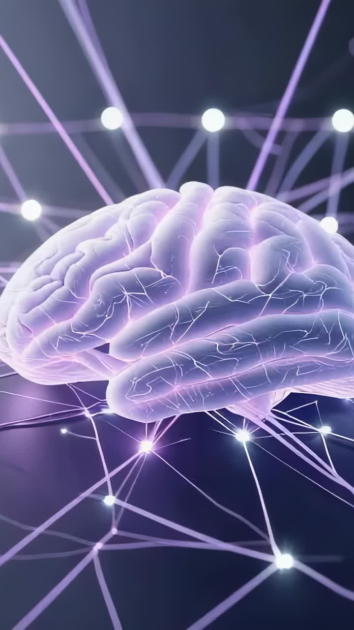 Vertical video: Electric arc descending onto 3D brain in neural grid, branching arcs lighting nodes