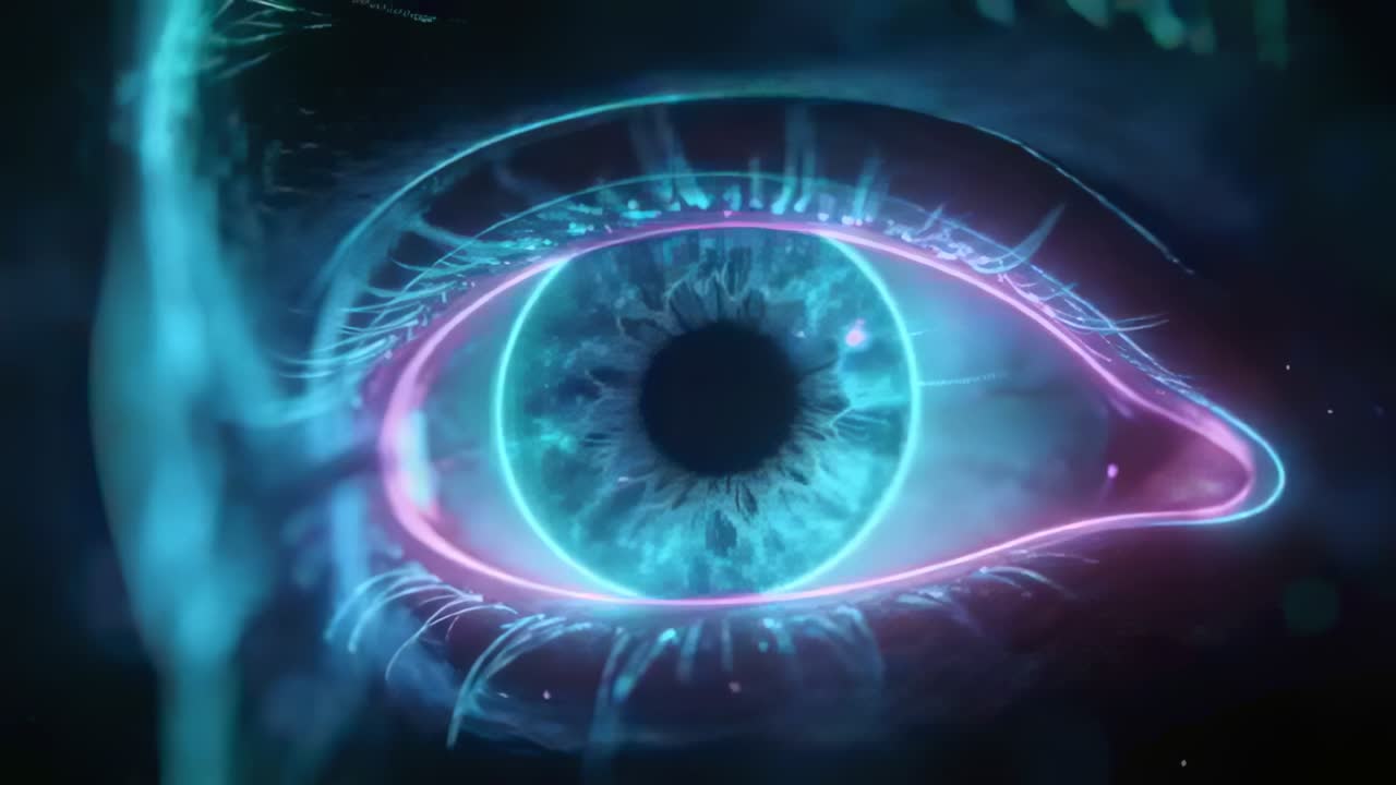 Activating cyan ring causing iris and pupil pulsing and scanning, magenta contour morphing outward