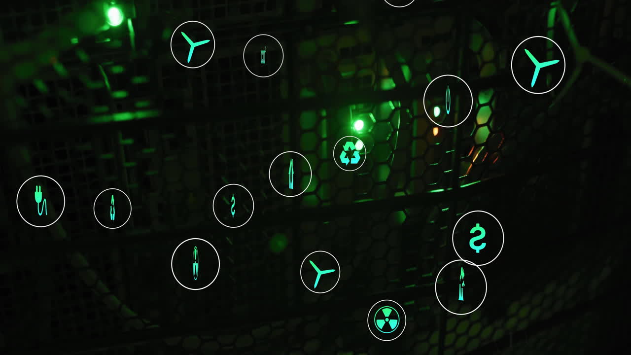 Animation of eco icons and digital data processing over computer servers