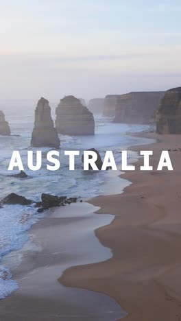 Vertikales-Video-Der-Felsformation-„Twelve-Apostles“-In-Australien,-überlagert-Mit-Einer-Animierten-Grafik,-Die-„Australien“-Darstellt