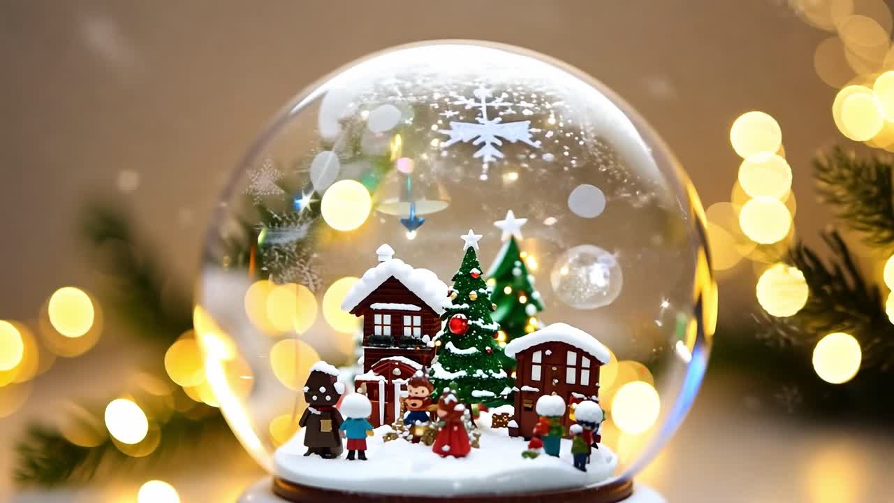 소형 마을, 크리스마스 트리, 그리고 축하하는 사람들이 있는 크리스마스 스노우 글로브