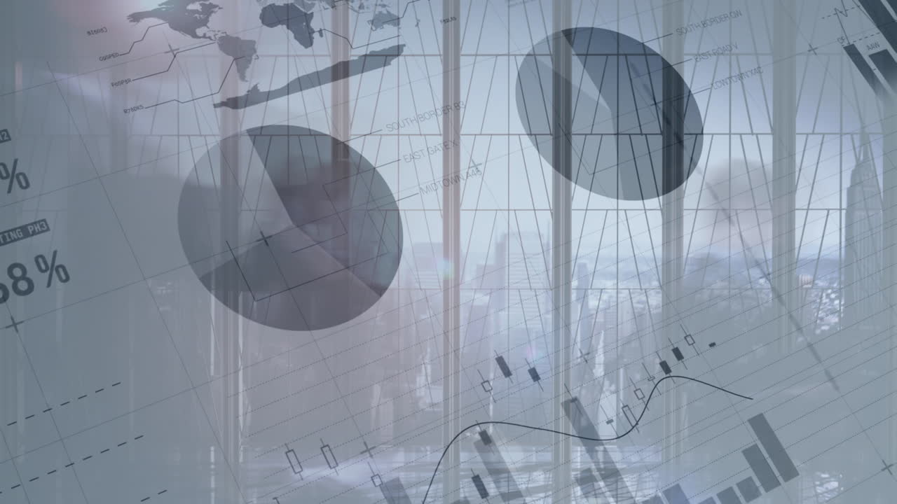 Animation of financial data processing over modern office