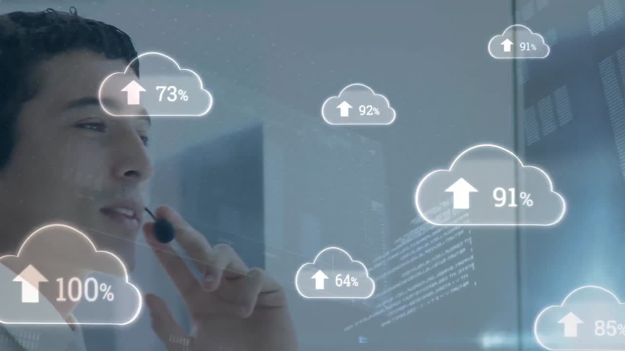 Animation of icons with icons clouds and sky over businesspeople
