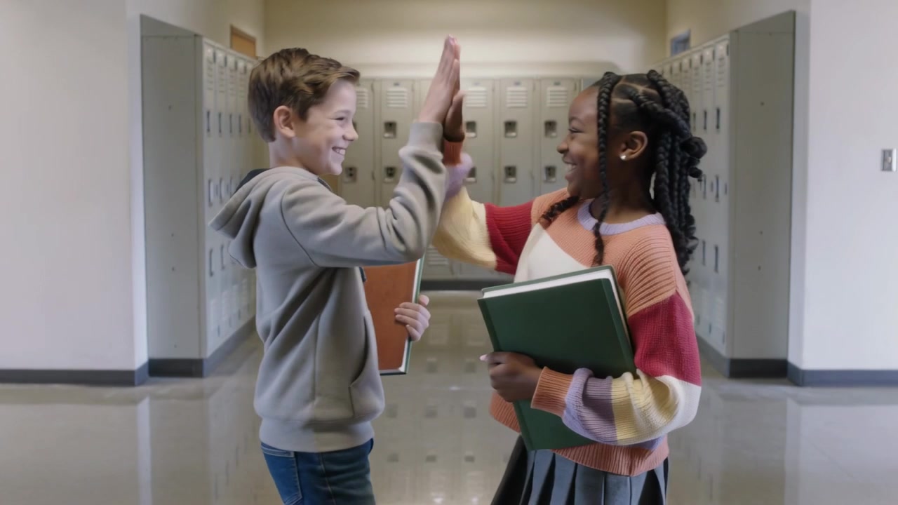 Entering school hall hoodie boy sweater girl greeting lockers highfiving leaving notes and binder