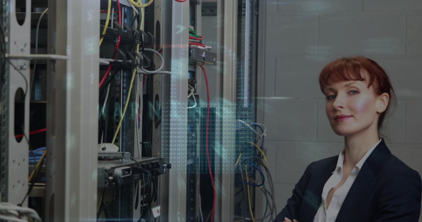 Cyber security data processing against portrait of caucasian female engineer smiling at server room