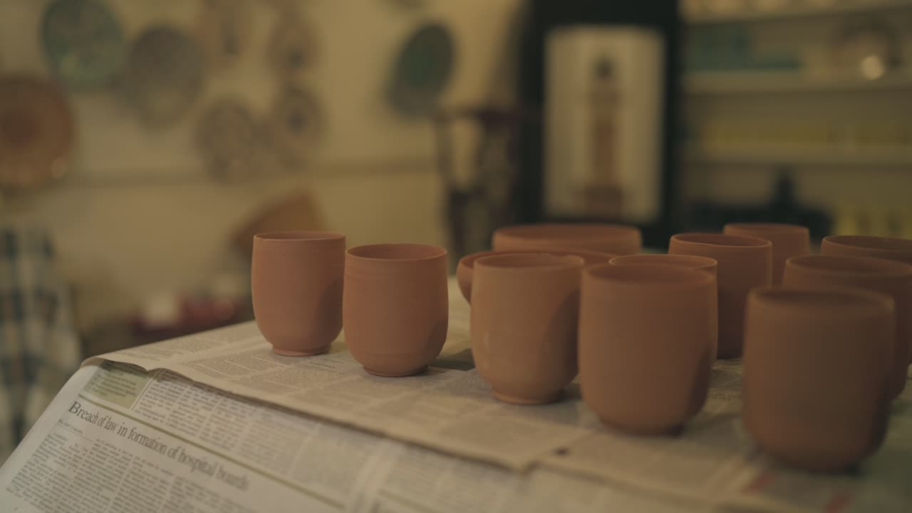 Clay glasses are left to dry. Blurred background.