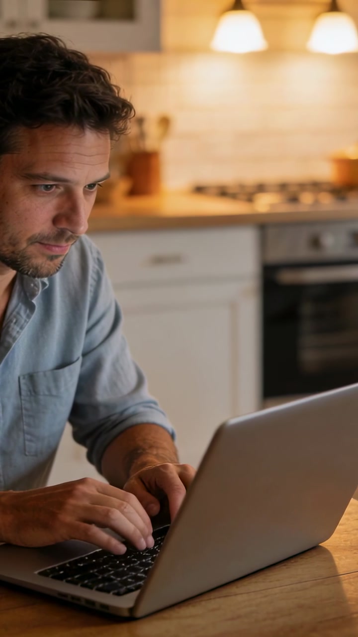 Vertical video: Typing man in blue shirt working at laptop in kitchen, child entering at counter