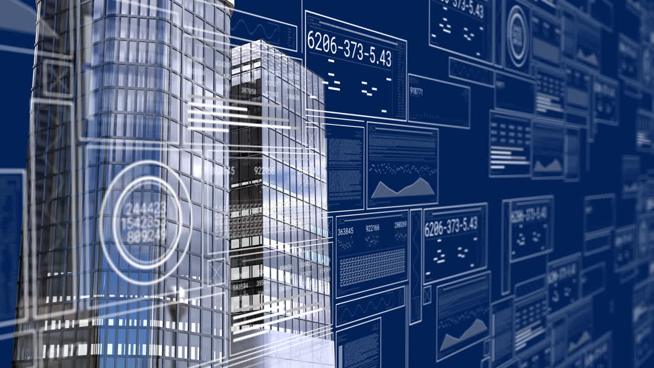 animación de gráficos, círculos de carga y barras con números cambiantes sobre edificios modernos