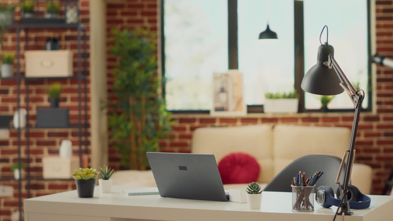 Empty home office with modern laptop to work remotely