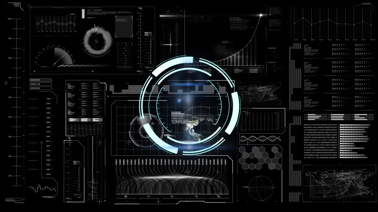 анимация сканирования объекта над обработкой данных на черном фоне