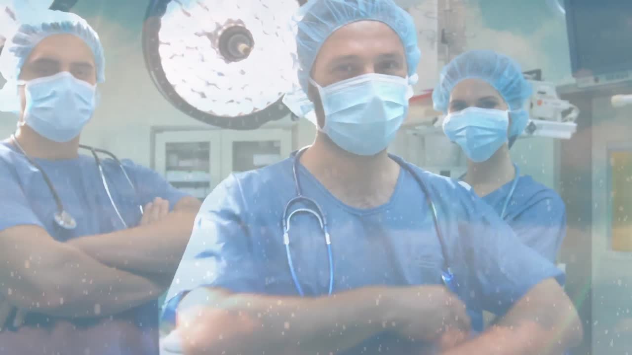 Animación de nubes y cielo sobre cirujanos con mascarillas en un hospital.