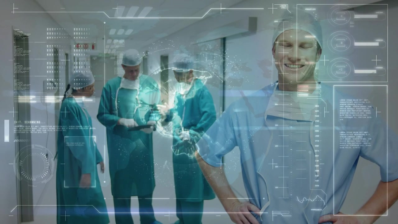 Animação de processamento de dados sobre médicos caucasianos conversando