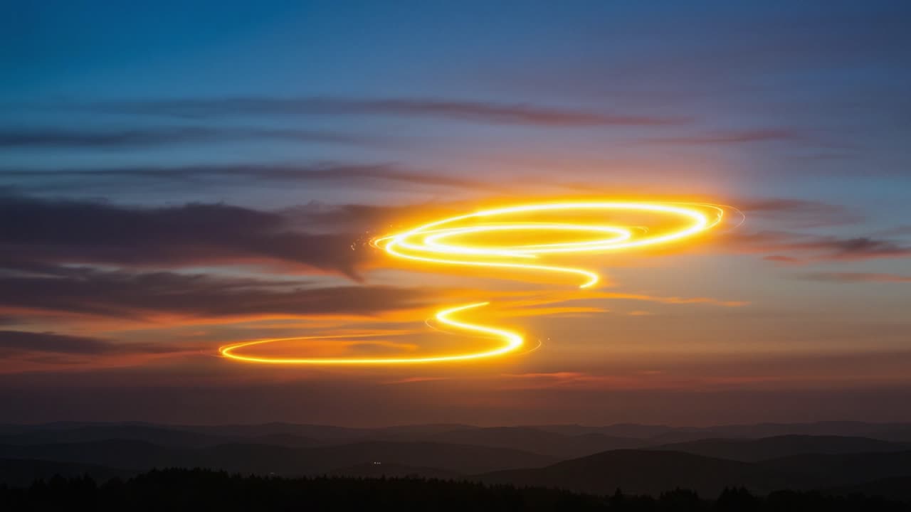 A Stunning Display of Light Trails in the Dusk Sky Overrolling Hills, Captured in Two Frames Highlighting the Transformation of a Serpentine Glow as the Sun Sets