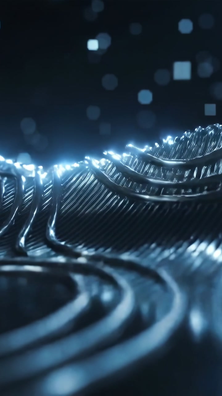 Vertical video: Pulling camera, metal ribs waving in dark void with nodes tracing ridges for sheen