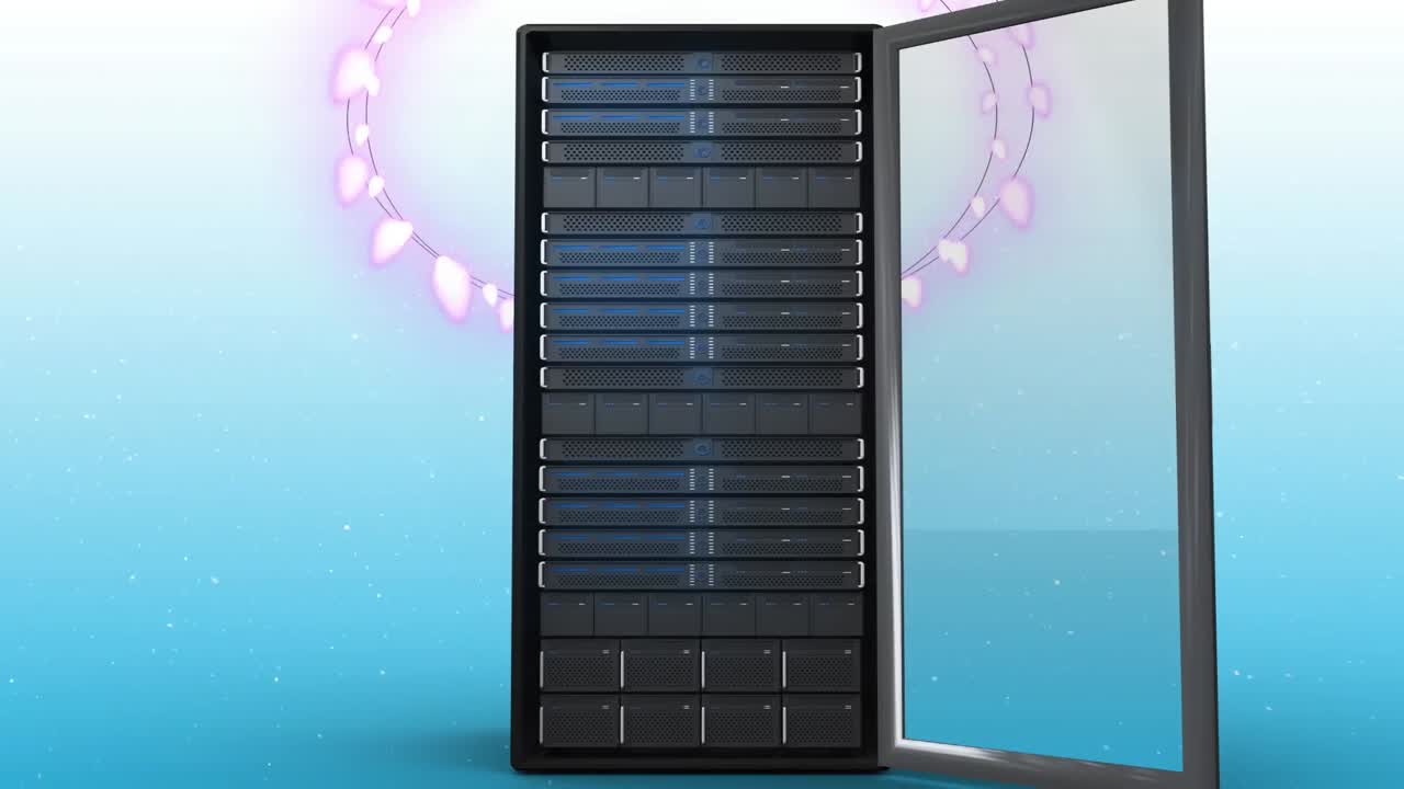 Animation of christmas decorations over computer server on blue background