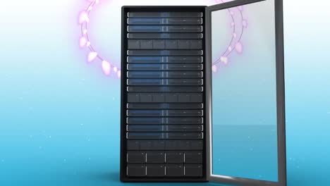 animation of christmas decorations over computer server on blue background